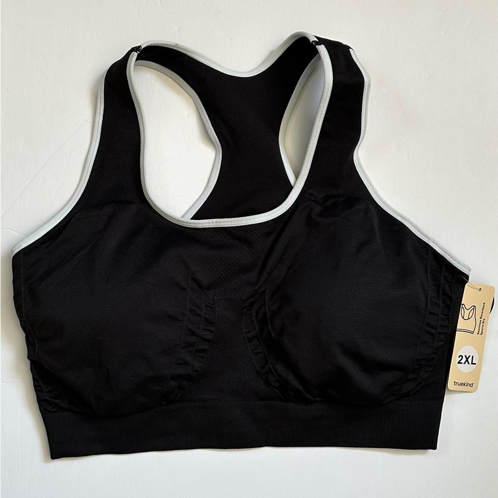 Shapermint Truekind Seamless Racerback Sports Bra Black w/White Trim - 2XL - NWT